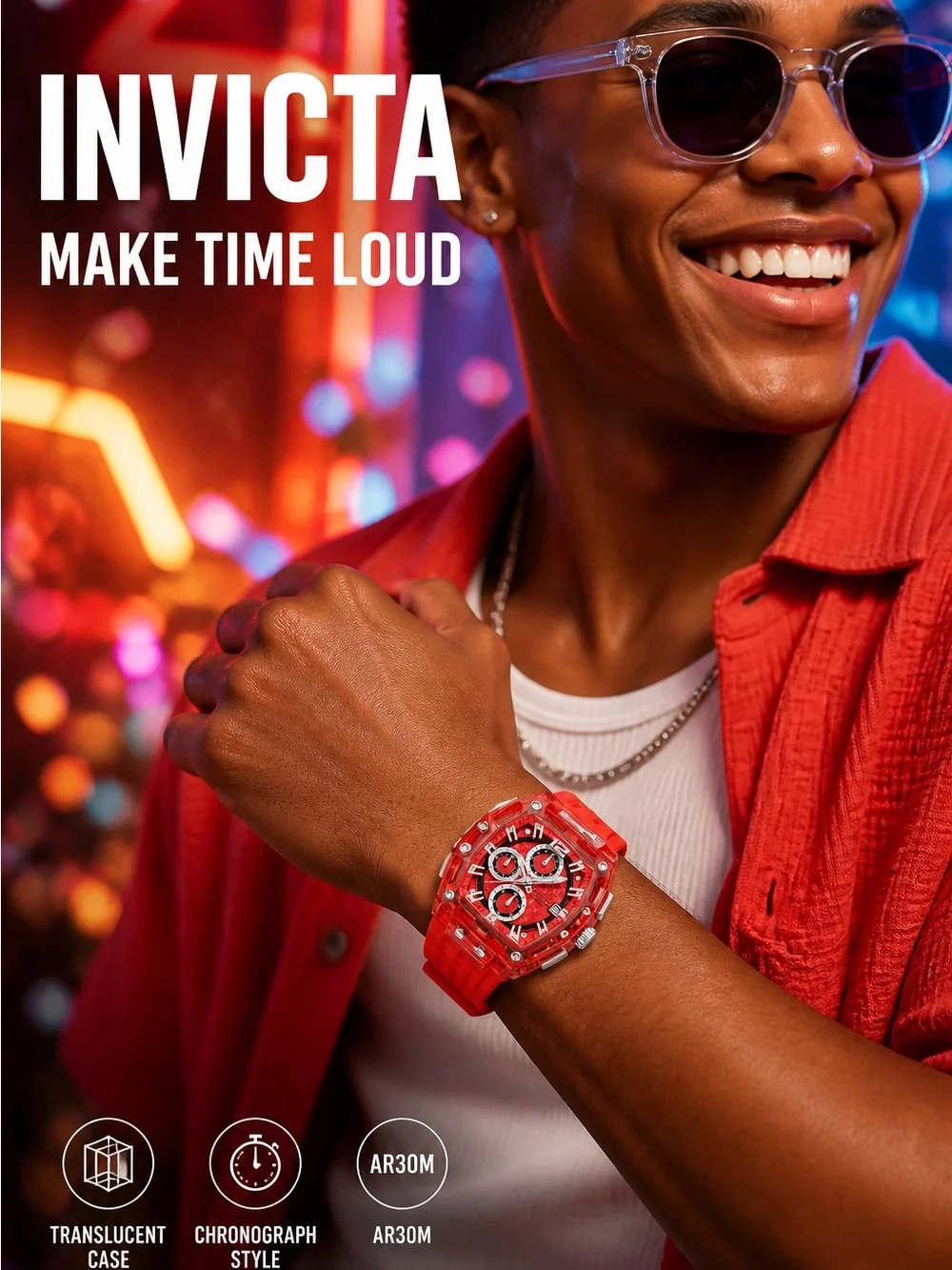 Invicta Red Chronograph Watch with Translucent Case